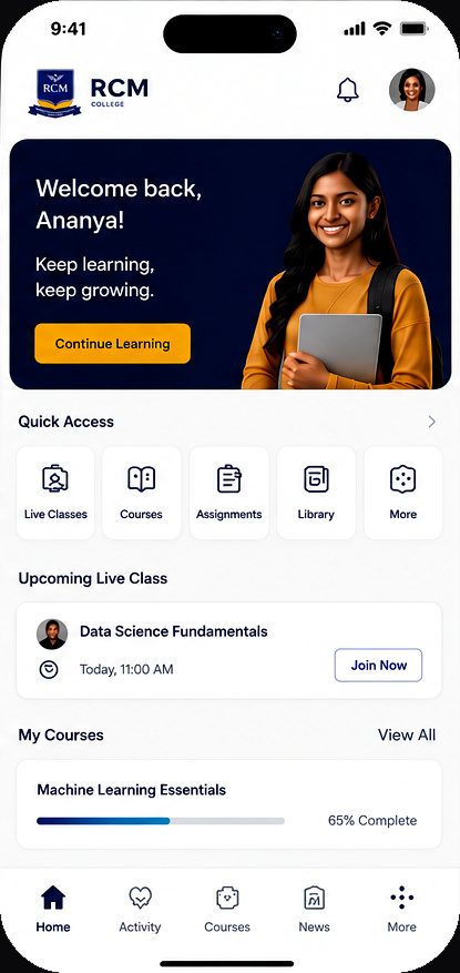 The RCM Online College app: a student home screen with quick access, an upcoming live class and course progress