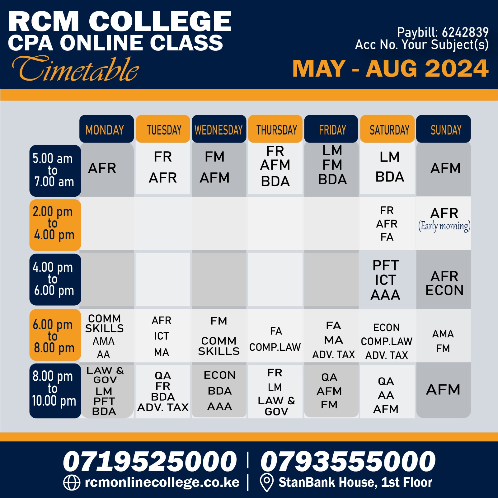 RCM Online College May August 2024 Timetable, RCM Online College, Timetable