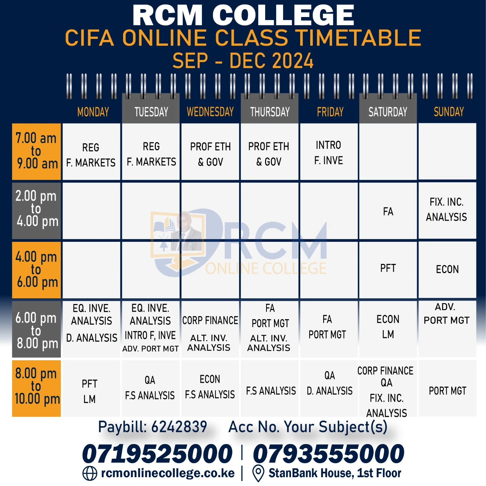 CIFA Classes Timetable September December 2024, RCM Online College