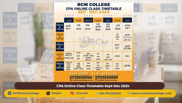 Sept Decemer 2024 CPA Timetable, RCM online college, CPA Online Class Timetable Sept-Dec 2024
