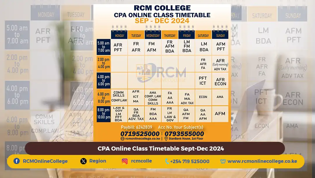 Sept Decemer 2024 CPA Timetable, RCM online college, CPA Online Class Timetable Sept-Dec 2024