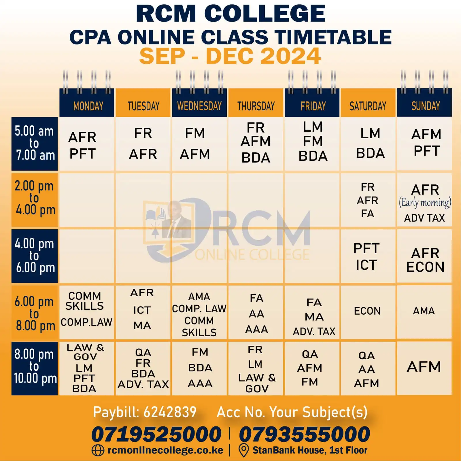 Sept Decemer 2024 CPA Timetable, RCM online college