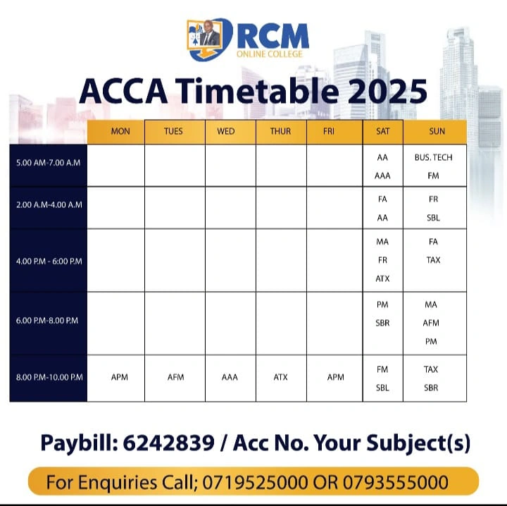 RCM Online ACCA Classes Timetable Jan - April 2025