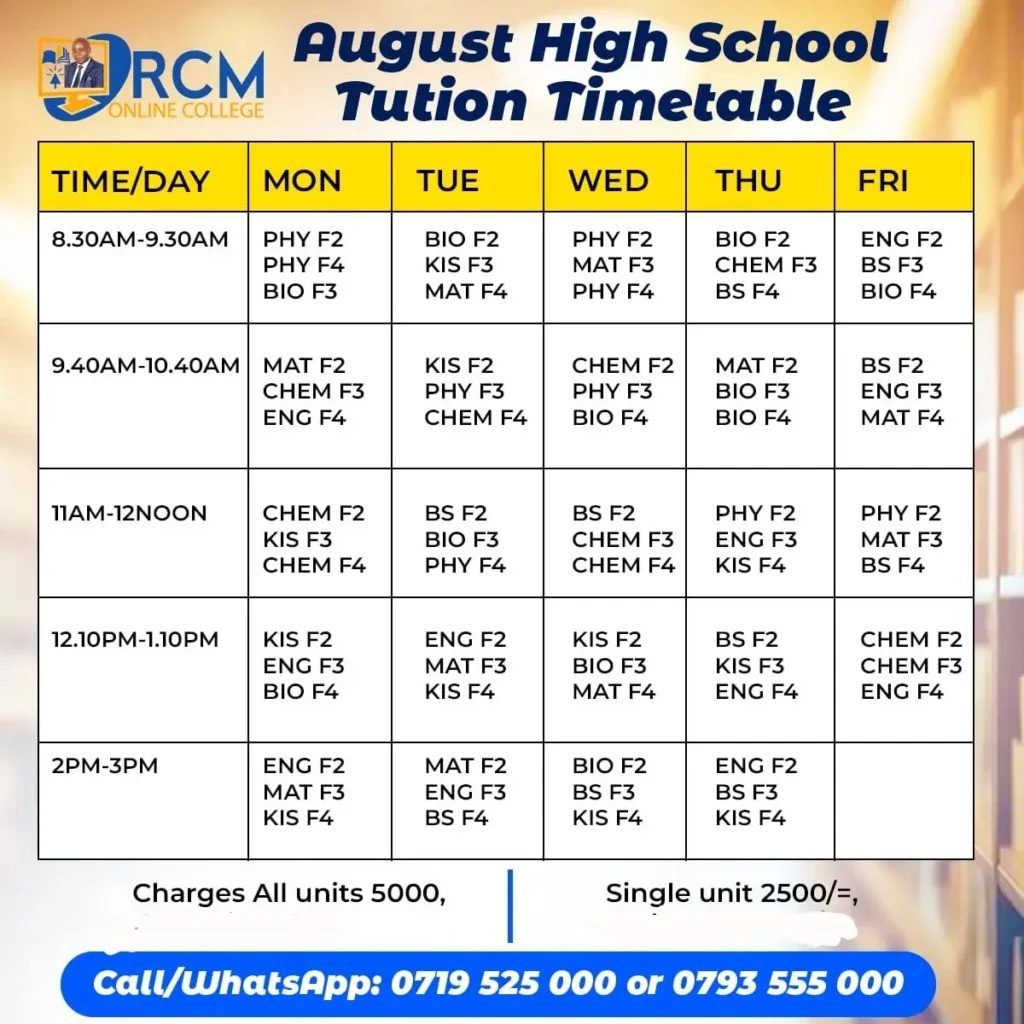 RCM High School Tuition, online tuition Kenya, Zoom high school classes, high school revision Kenya, exam coaching Kenya, paybill 6242839