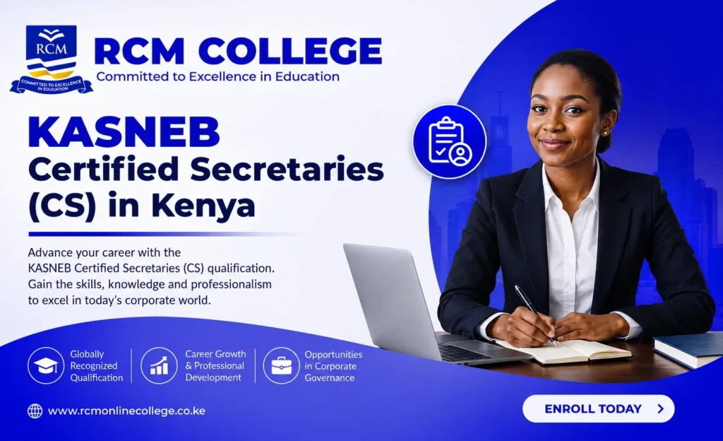 KASNEB Certified Secretaries Kenya, CS course Kenya, KASNEB CS course, Certified Secretaries qualification, CS course requirements Kenya, Corporate Governance course Kenya, Company Secretarial Practice Kenya, KASNEB courses Kenya, CS classes Kenya, RCM Online College, Online CS classes Kenya, Physical CS classes Nairobi, KASNEB CS registration, Governance and Compliance course, Company Law course Kenya