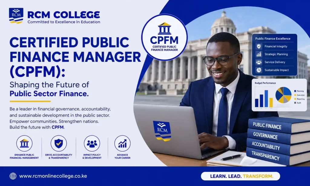 CPFM, Certified Public Finance Manager, KASNEB CPFM, Public Finance Course Kenya, CPFM classes, Public Sector Accounting, Public Budgeting, Public Financial Management, Government Finance, Public Sector Auditing, Procurement Management, Tax Administration, Financial Reporting, Governance and Ethics, RCM Online College